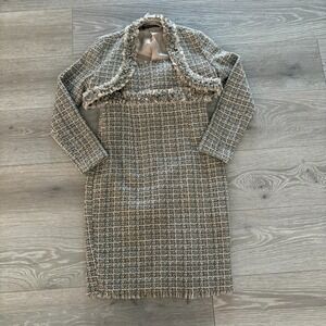 Rinascimento Womens Beige Plaid Made In Italy 2 Piece Tweed Dress & Jacket Set S